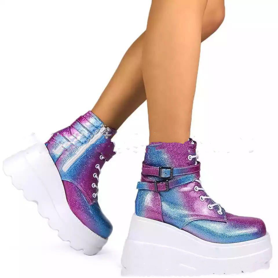 Platform Boots Genuine Leather Lace-Up Zipper Mid-Calf