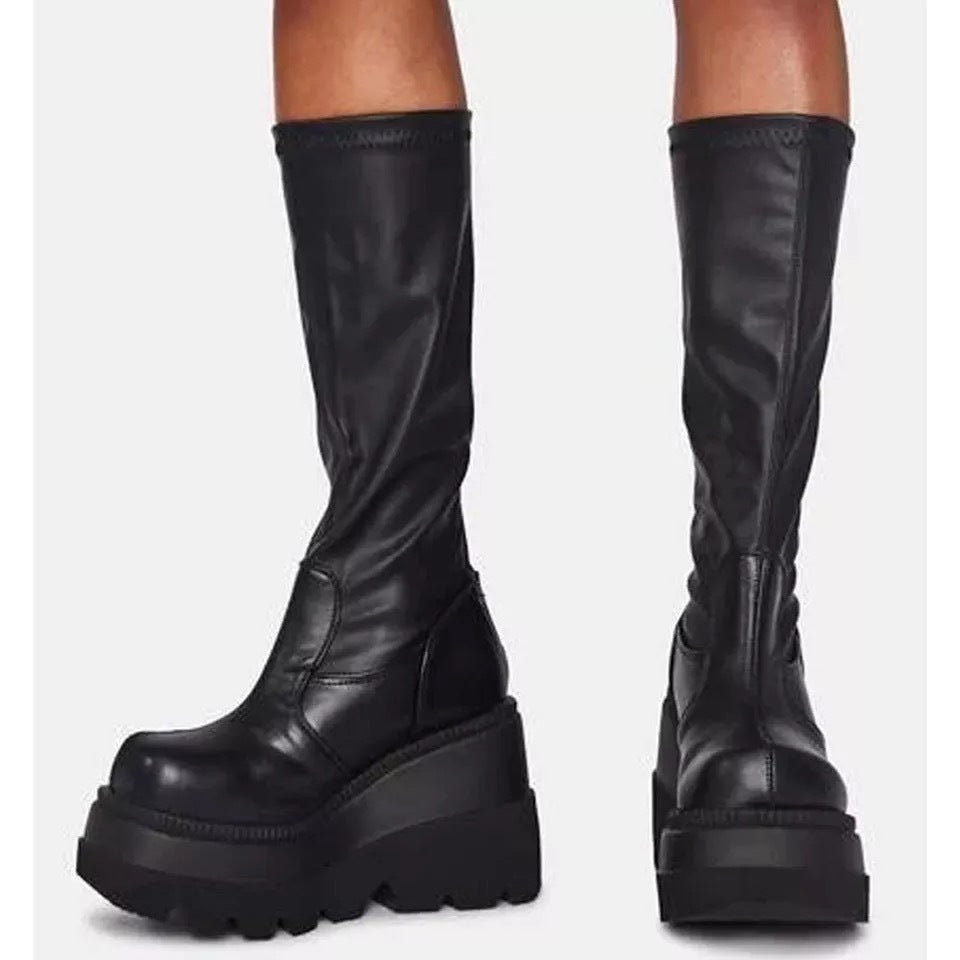 Platform Boots Genuine Leather Lace-Up Zipper Mid-Calf