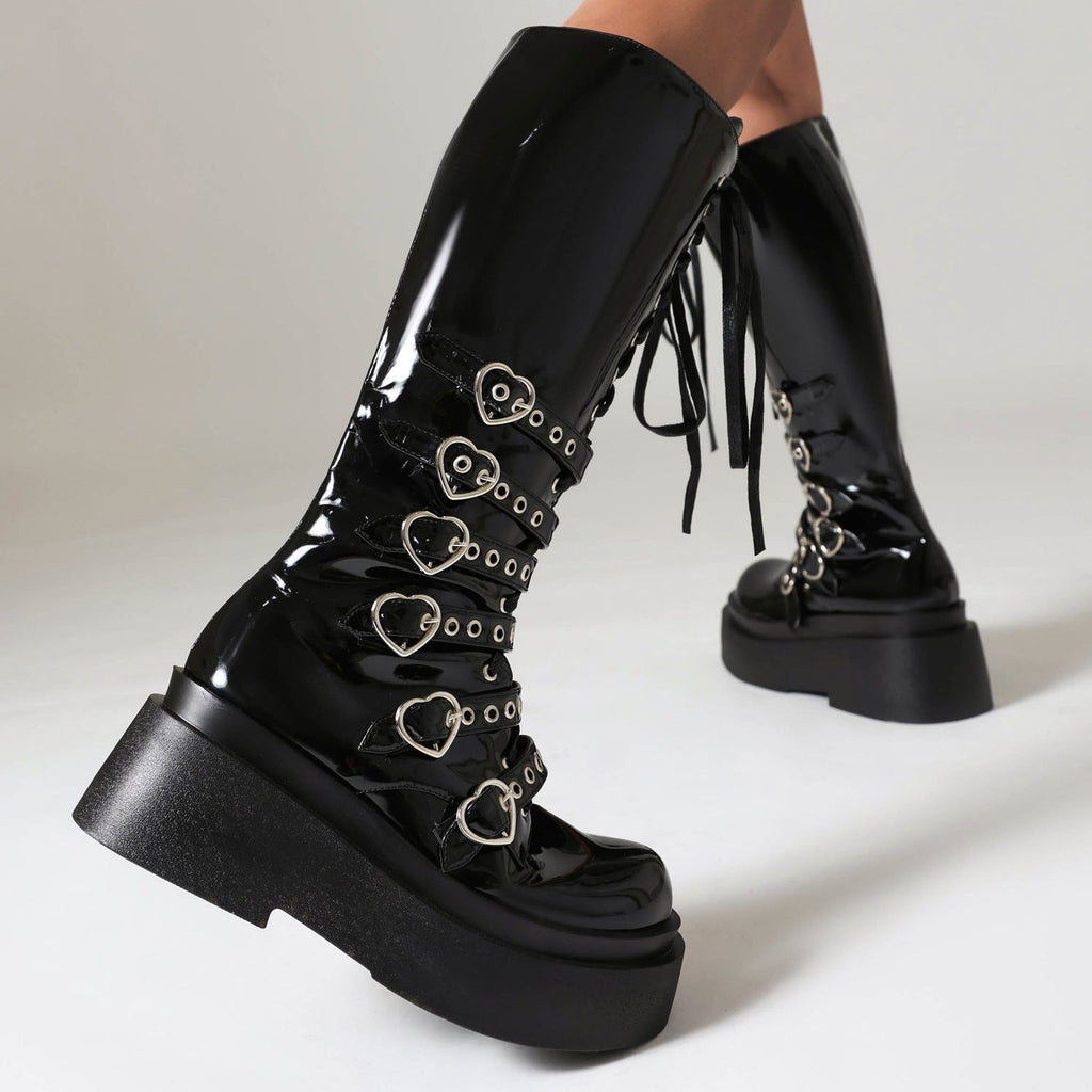 Chunky-Soled Punk Over-the-Knee Boots with Cross-Tie Straps- Side Zipper