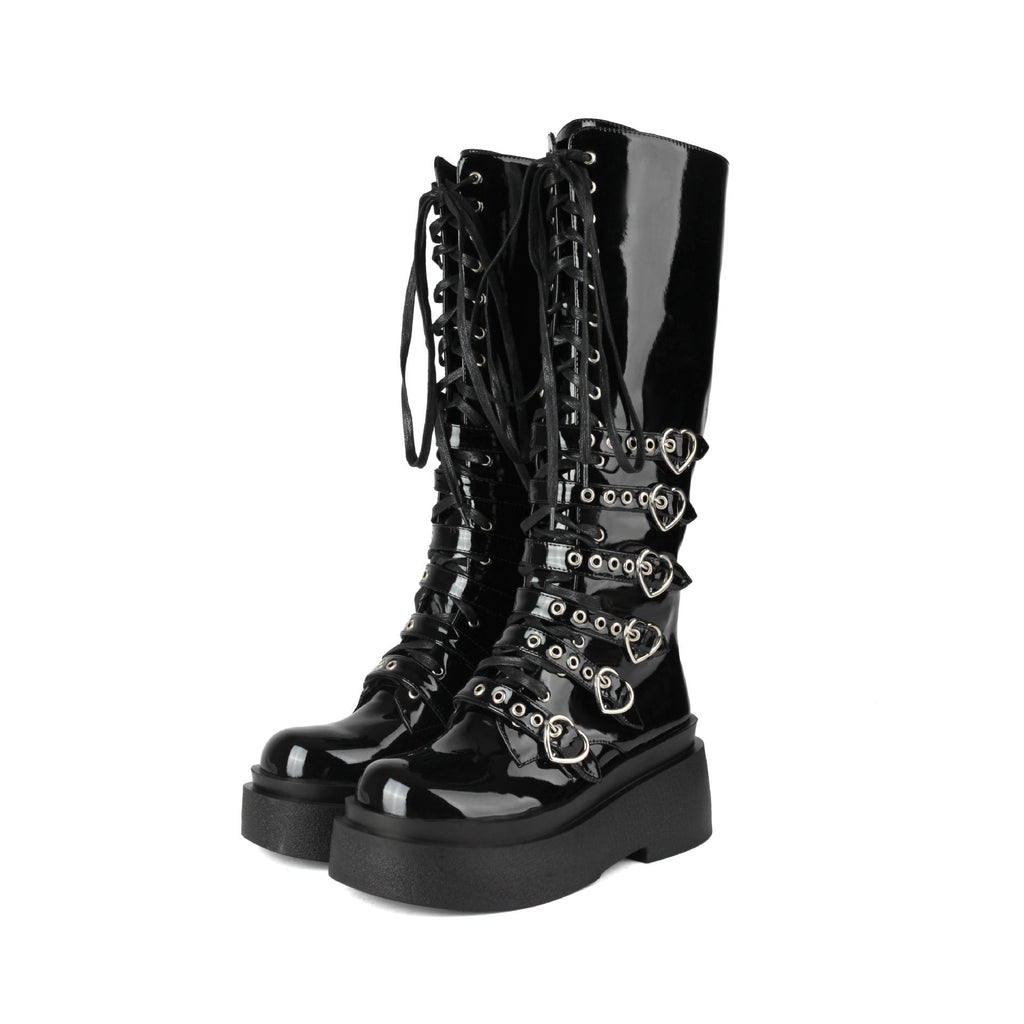 Chunky-Soled Punk Over-the-Knee Boots with Cross-Tie Straps- Side Zipper