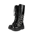Chunky-Soled Punk Over-the-Knee Boots with Cross-Tie Straps- Side Zipper