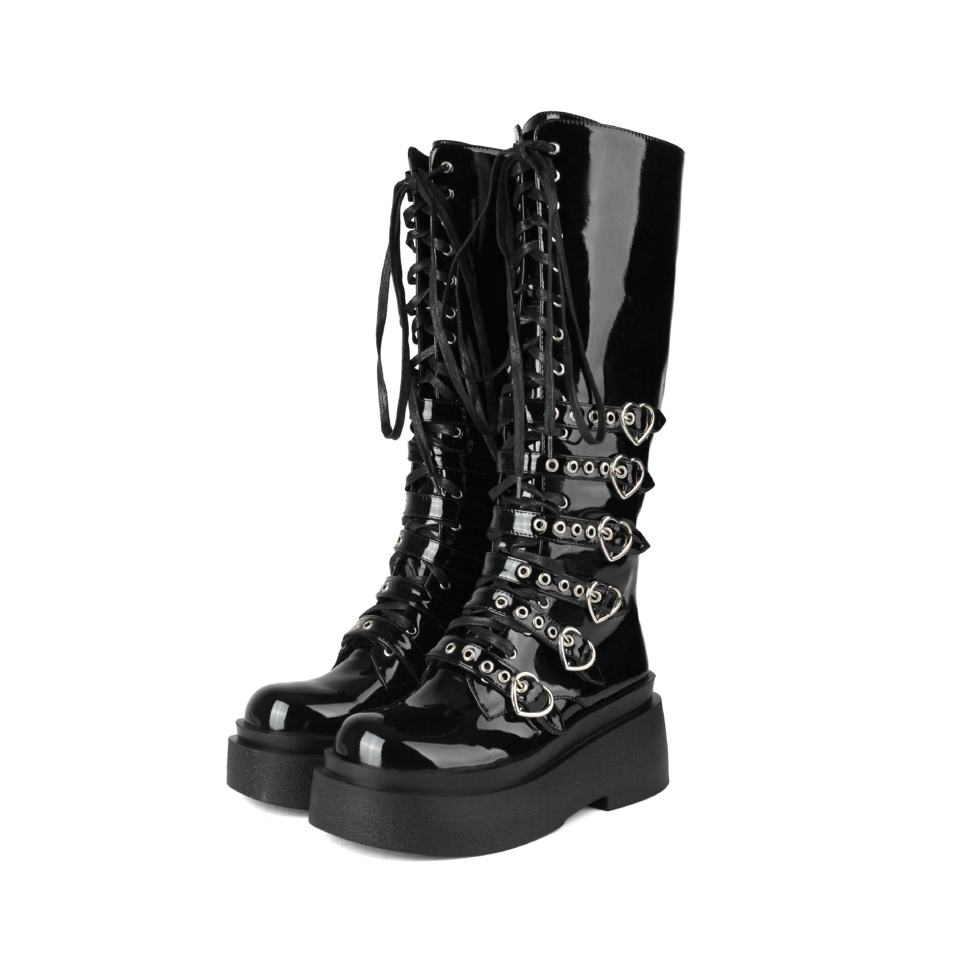 Chunky-Soled Punk Over-the-Knee Boots with Cross-Tie Straps- Side Zipper