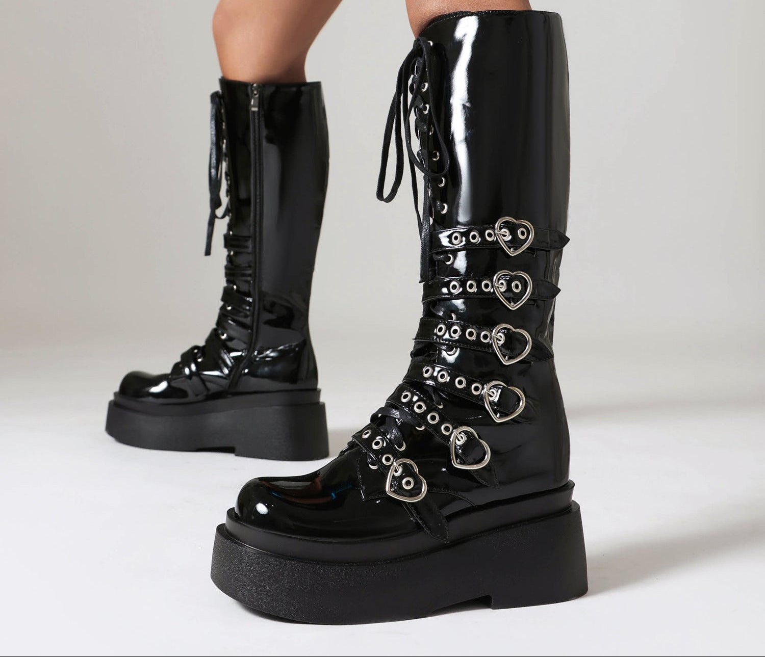 Chunky-Soled Punk Over-the-Knee Boots with Cross-Tie Straps- Side Zipper