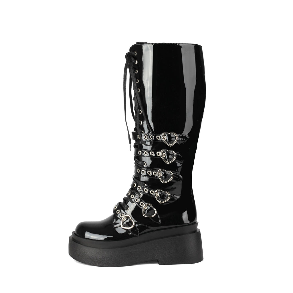 Chunky-Soled Punk Over-the-Knee Boots with Cross-Tie Straps- Side Zipper