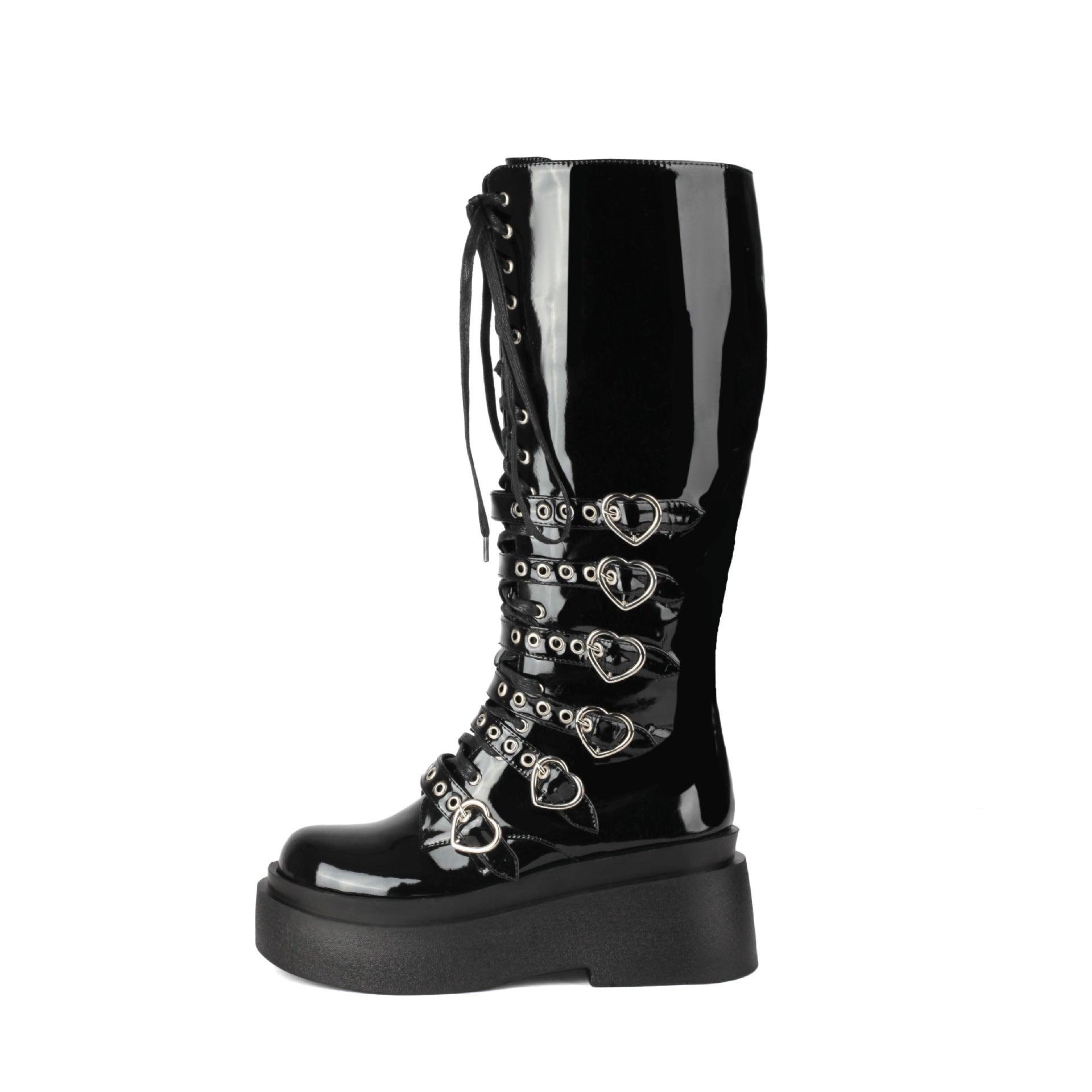 Chunky-Soled Punk Over-the-Knee Boots with Cross-Tie Straps- Side Zipper