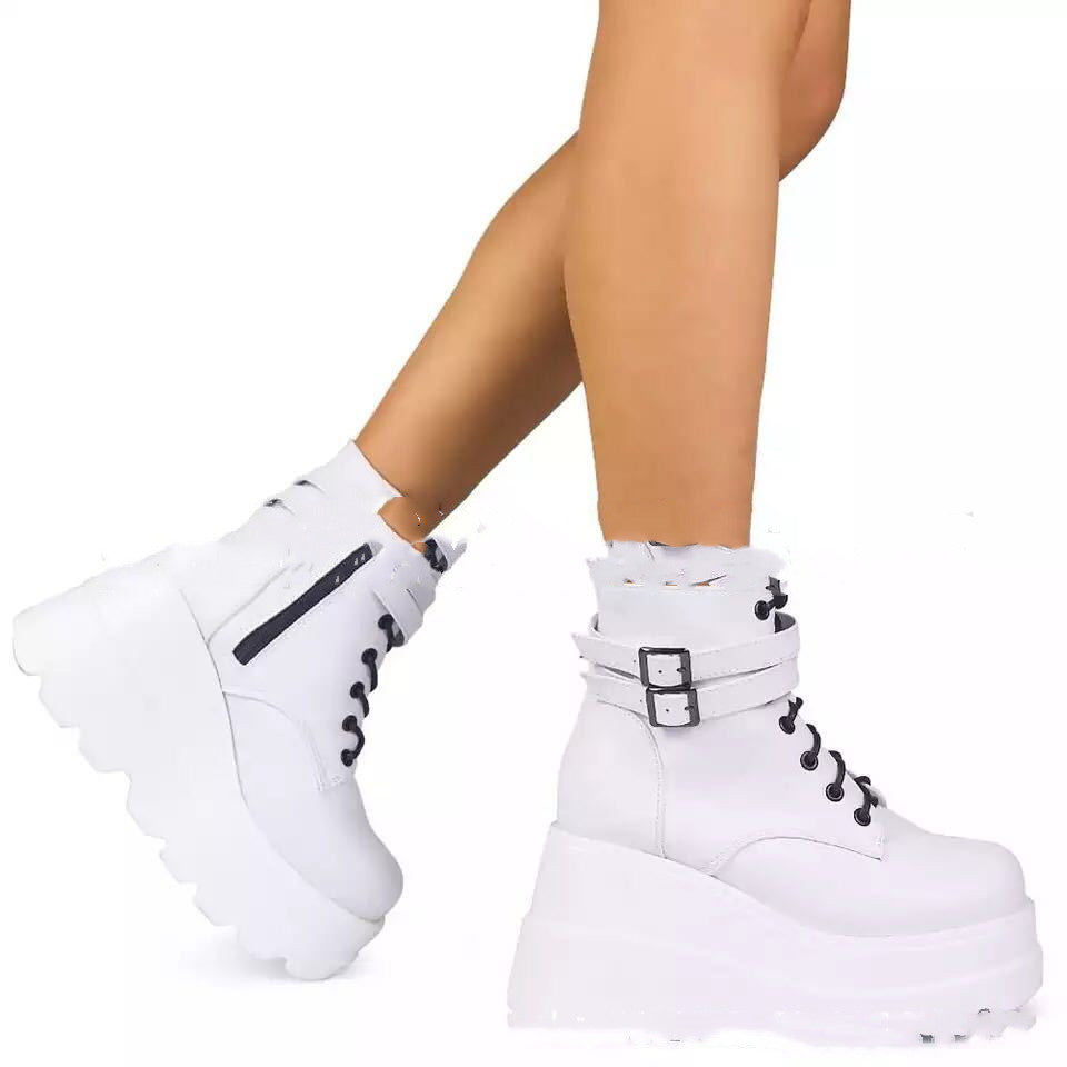 Platform Boots Genuine Leather Lace-Up Zipper Mid-Calf