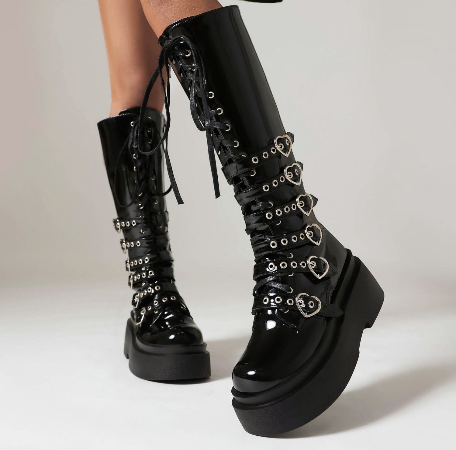 Chunky-Soled Punk Over-the-Knee Boots with Cross-Tie Straps- Side Zipper