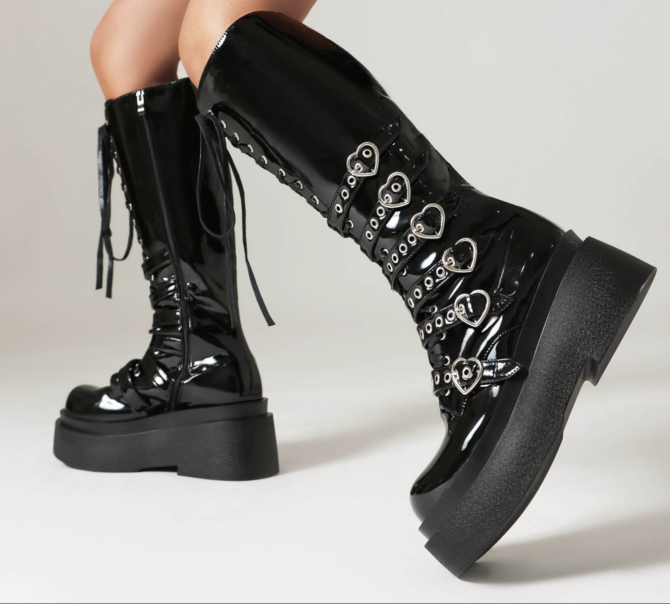 Chunky-Soled Punk Over-the-Knee Boots with Cross-Tie Straps- Side Zipper