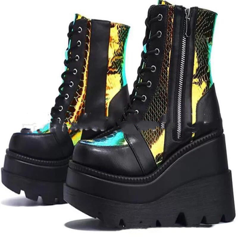 Platform Boots Genuine Leather Lace-Up Zipper Mid-Calf