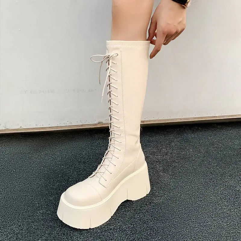 Fashion White Platform Lace Up High Boots