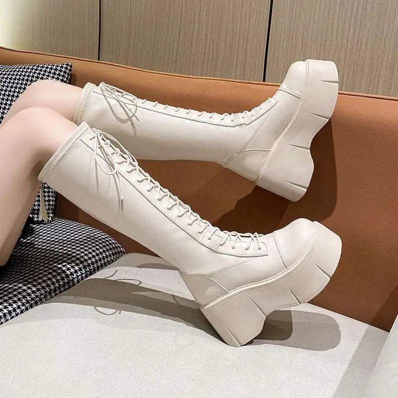 Fashion White Platform Lace Up High Boots